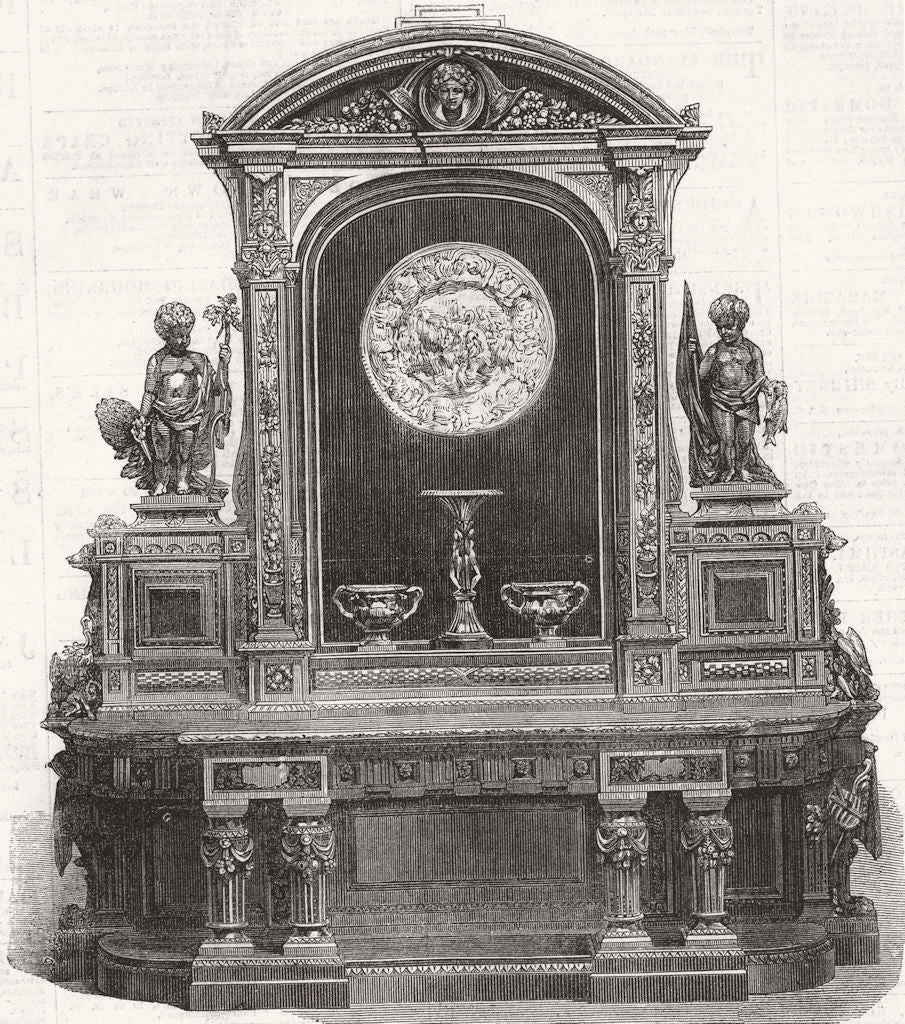 DECORATIVE. Carved oak & Ebony sideboard, Trollope 1867 old antique print
